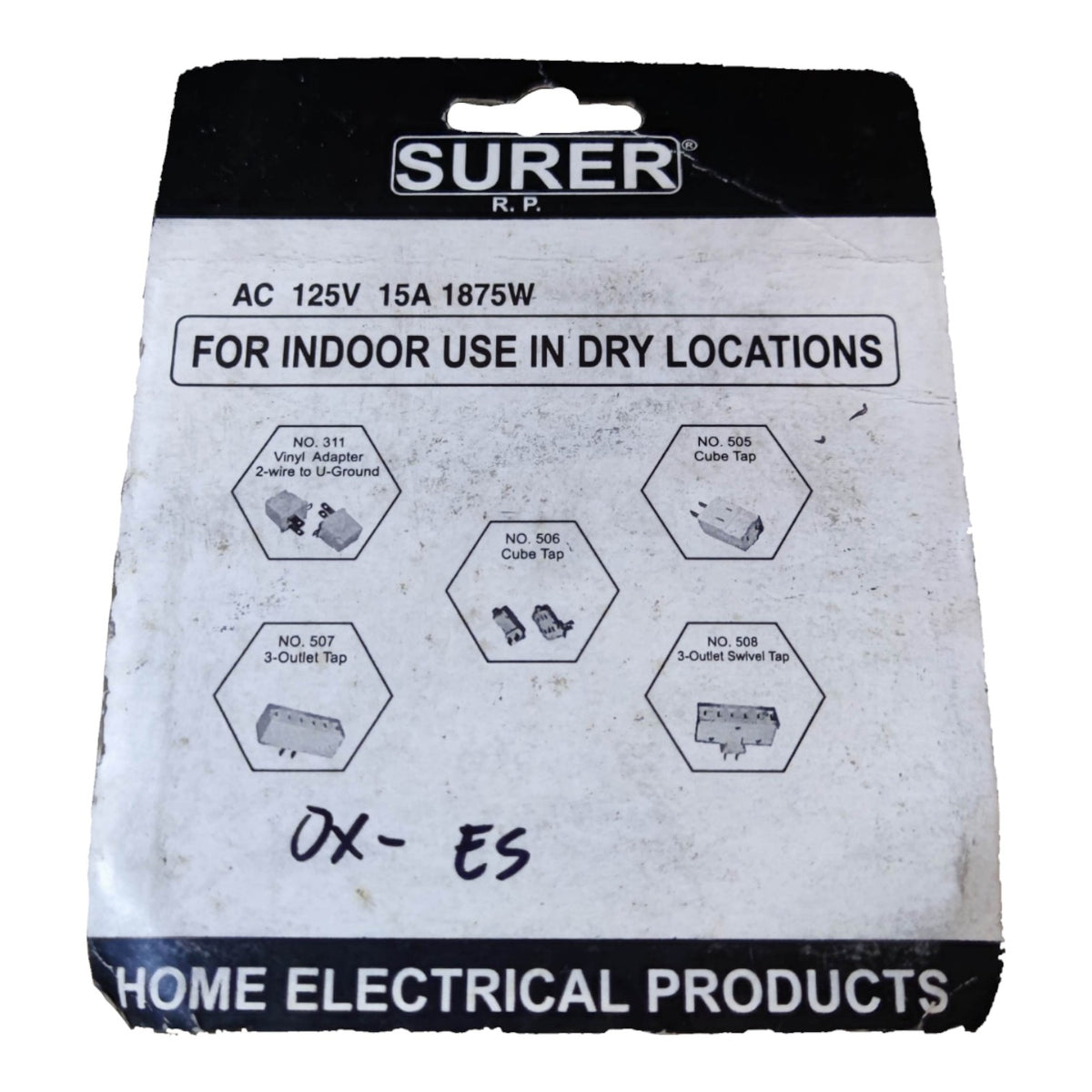 Surer RP home electrical products packaging for a 125V 15A 1875W indoor use in dry locations adapter, showing product diagrams on a white and black backing card.