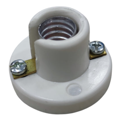 A white ceramic electrical terminal block with a threaded metal contact inside, secured with two silver screws on brass-colored metal tabs, isolated on a white background.