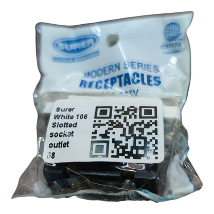 Surer brand modern series receptacles in a clear plastic bag with a white paper label. The label reads 'Surer White 106 Slotted socket outlet 58' and features a QR code.