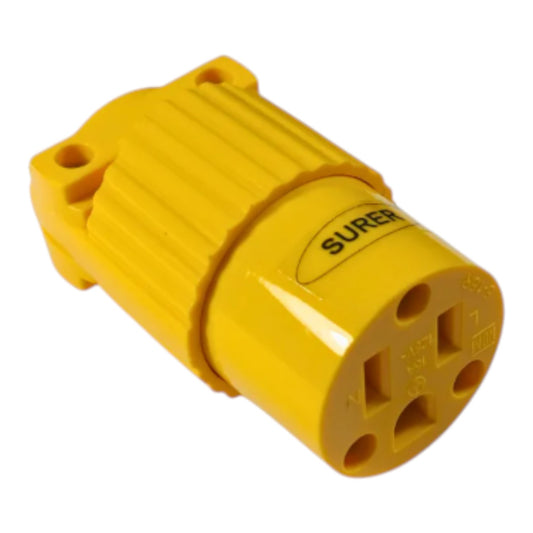 A bright yellow plastic electrical connector with a ribbed housing and a round base labeled 'SUREN', shown on a plain white background.