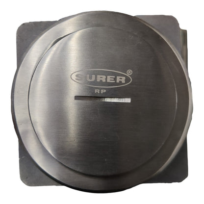 A round brushed metal Surer RP mechanical component or cover, shown from a top-down view against a plain white background.