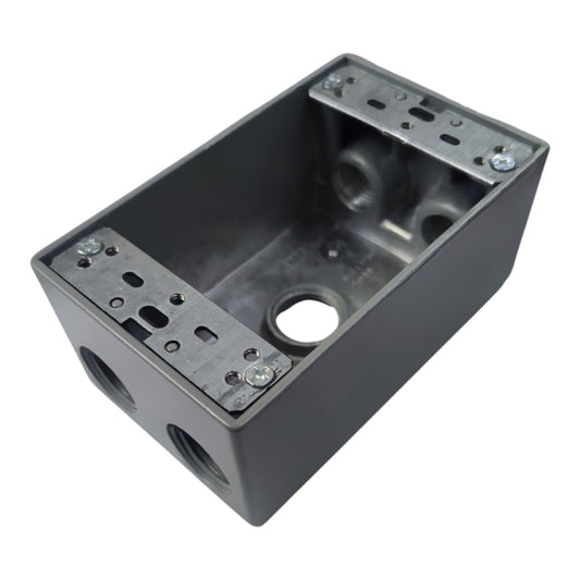 A dark gray metal electrical junction box with threaded connection ports and mounting brackets on the top, shown on a plain white background.