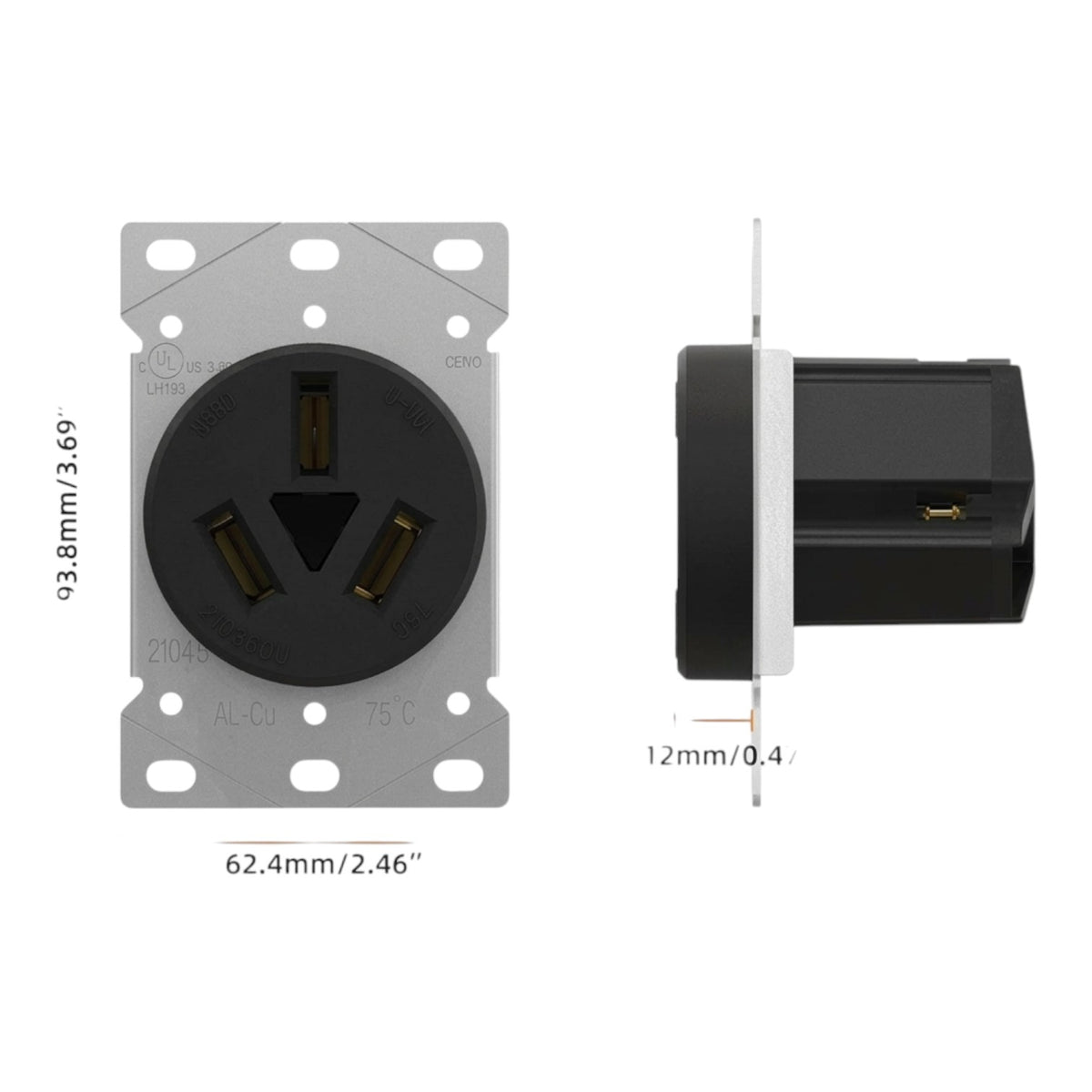 A black three-pin electrical outlet socket with a silver metal mounting plate, shown from front and side views with dimension markings on a white background.