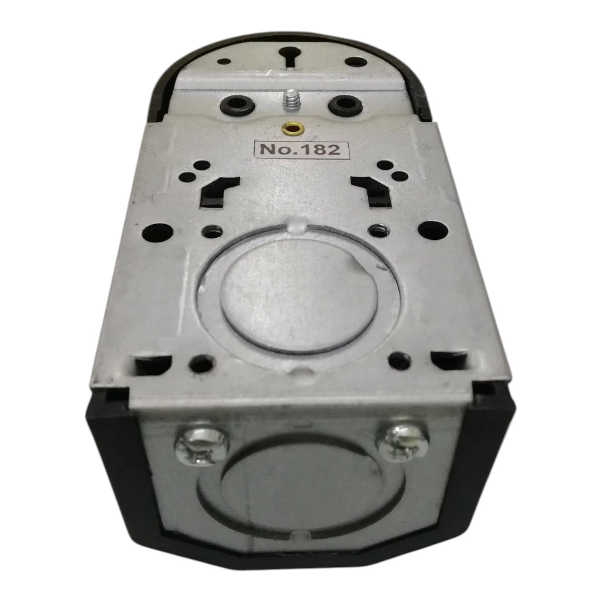 A silver metal industrial component with black plastic end caps and a stamped label reading 'No.182' on a plain white background.