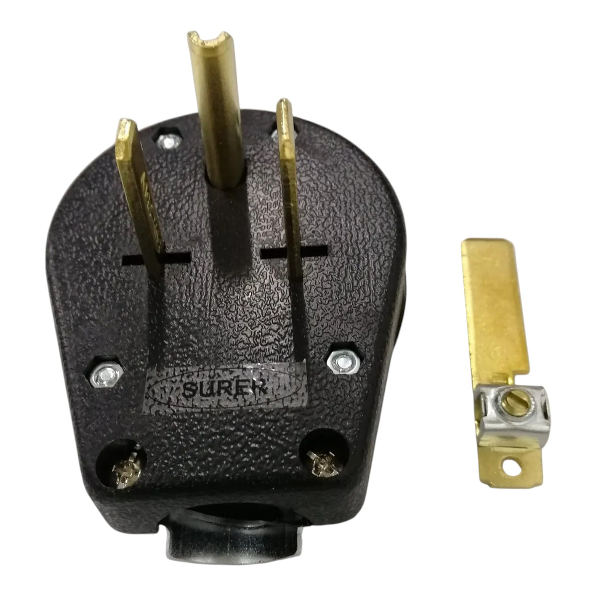 A black textured 3-pin electrical plug with brass-colored pins, shown alongside a matching brass and silver metal terminal piece on a plain white background.