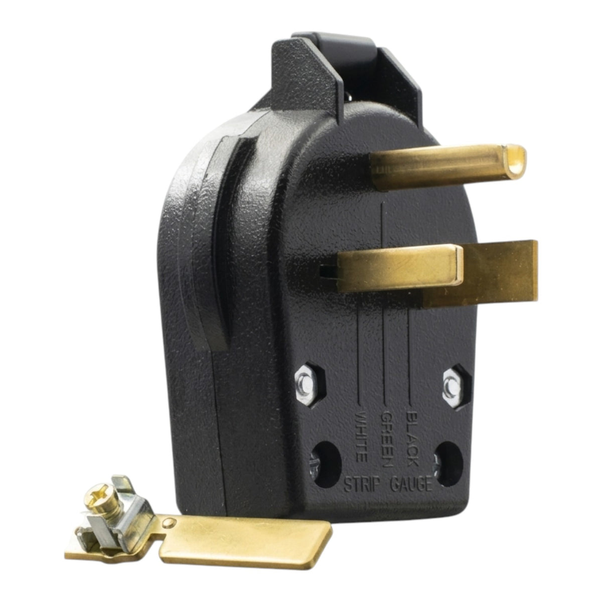 A black three-pin electrical plug adapter with brass-colored metal prongs and a separate brass grounding tab, shown on a plain white background.