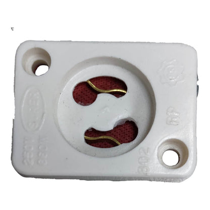 A white plastic 3-pin electrical outlet socket with red mesh internal contacts and gold-colored metal pins, shown on a plain white background.