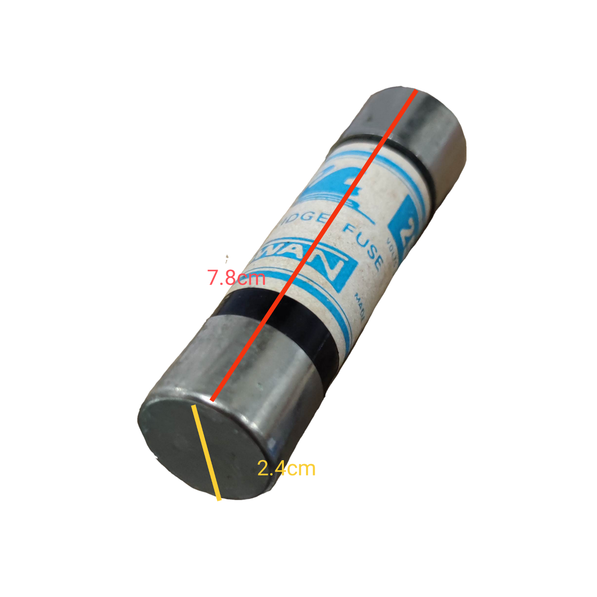 Swan 60A Cartilage Fuse 250V electrical component with metal end caps and rated dimensions