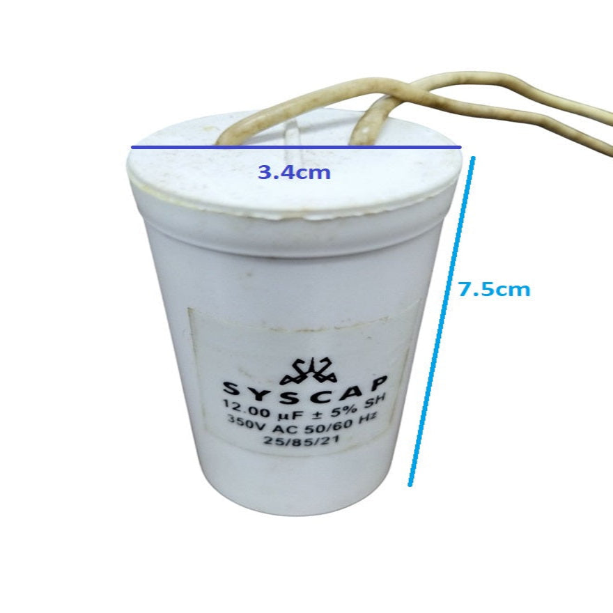 Syscap 12UF Motor Running Capacitor white cylindrical electrical part with attached wires