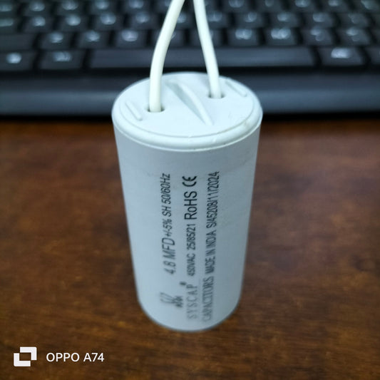 Syscap 4.8MFD 450VAC capacitor for motors, compact cylindrical design for reliable electrical motor circuits