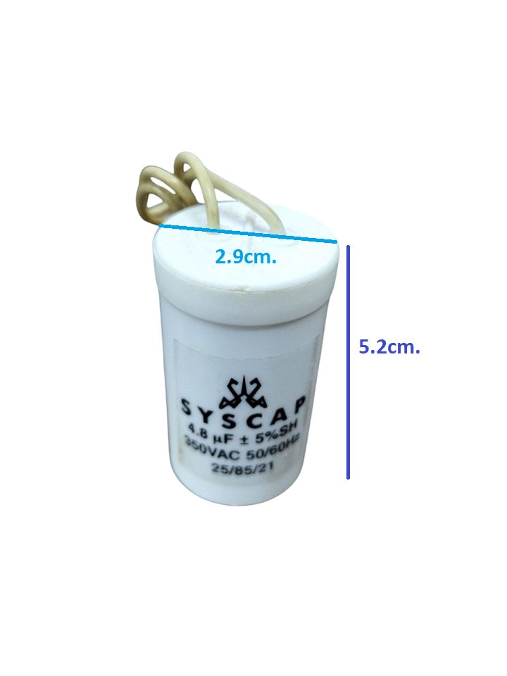 Syscap 350V AC Capacitor for Motor with compact design and clear labeling for easy identification