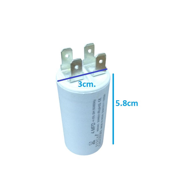 Syscap 4MFD motor running capacitor with dimensions of 3cm by 5.8cm for electrical applications