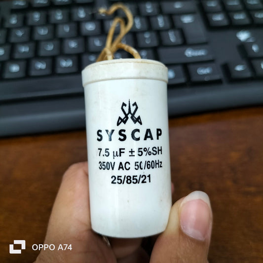 Syscap 350V Motor Running Capacitor with 7.5 µF rating for electrical circuit applications