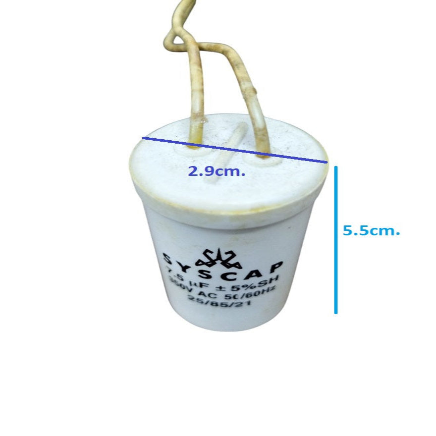 Syscap 350V Motor Running Capacitor measuring 5.5cm in height with white casing and connector leads