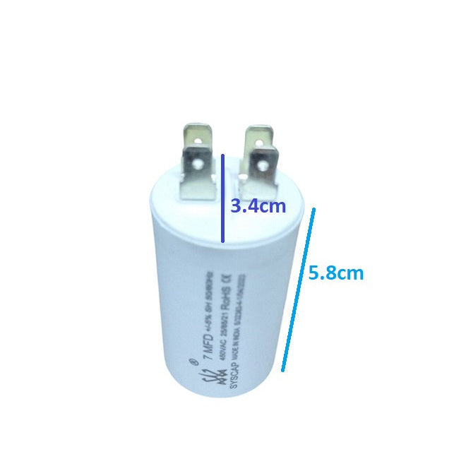 Syscap 7MFD 450Vac Run Capacitor white cylindrical electrical component with metal terminals