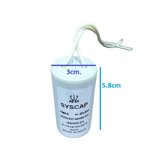 Syscap 7 Microfarad AC Motor Capacitor with white casing and wires for electrical circuitry