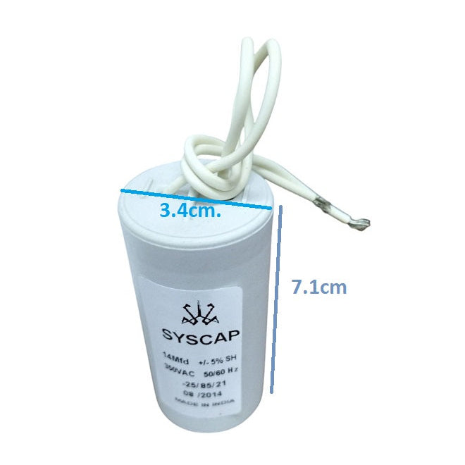 Syscap Motor Running Capacitor 14MFD 350V with white cylindrical body and attached wires