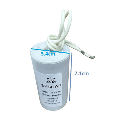 Syscap Motor Running Capacitor 14MFD 350V with white cylindrical body and attached wires