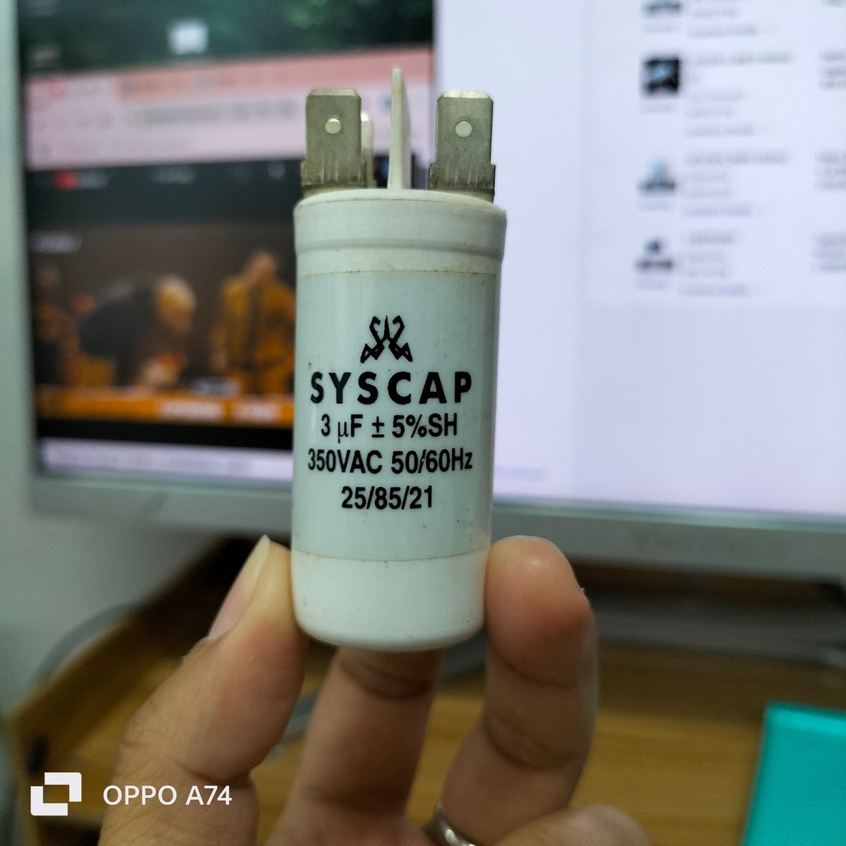 Syscap motor running capacitor 3mfd 350vac with 2 connectors for electrical applications