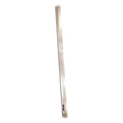 Long, thin metallic object on a white background