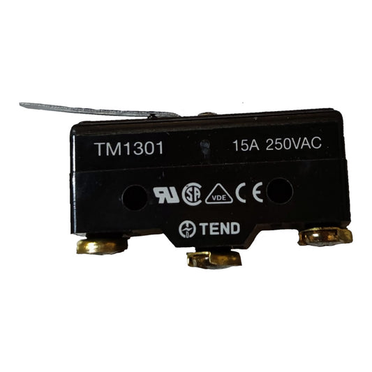 A black electrical thermal relay with gold screw terminals, featuring printed white text including 'TM1301', '15A 250VAC', and the brand 'TEND'.