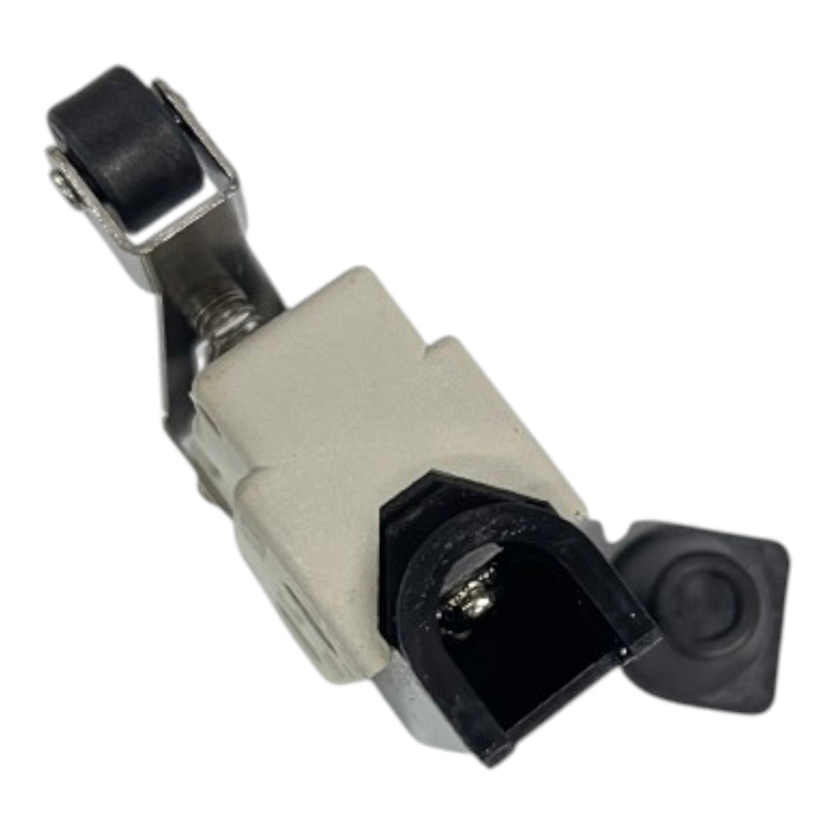 A small mechanical or electronic connector component with a light beige plastic housing, black plastic end pieces, and a metal bracket, shown on a plain white background.