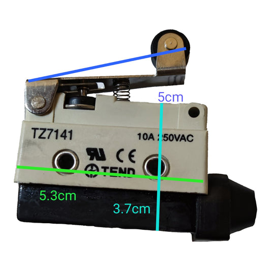 A small electrical switch component on a white background with overlaid dimension lines and measurements: 5cm, 5.3cm, and 3.