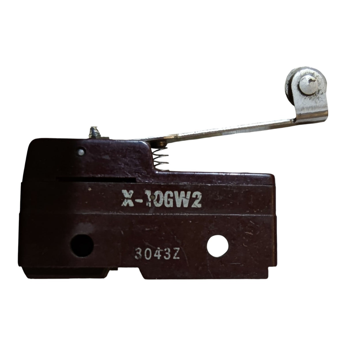 A dark brown metal mechanical switch component with a silver lever arm and roller, featuring white printed text 'X-10GW2' and '3043Z' on a plain white background.