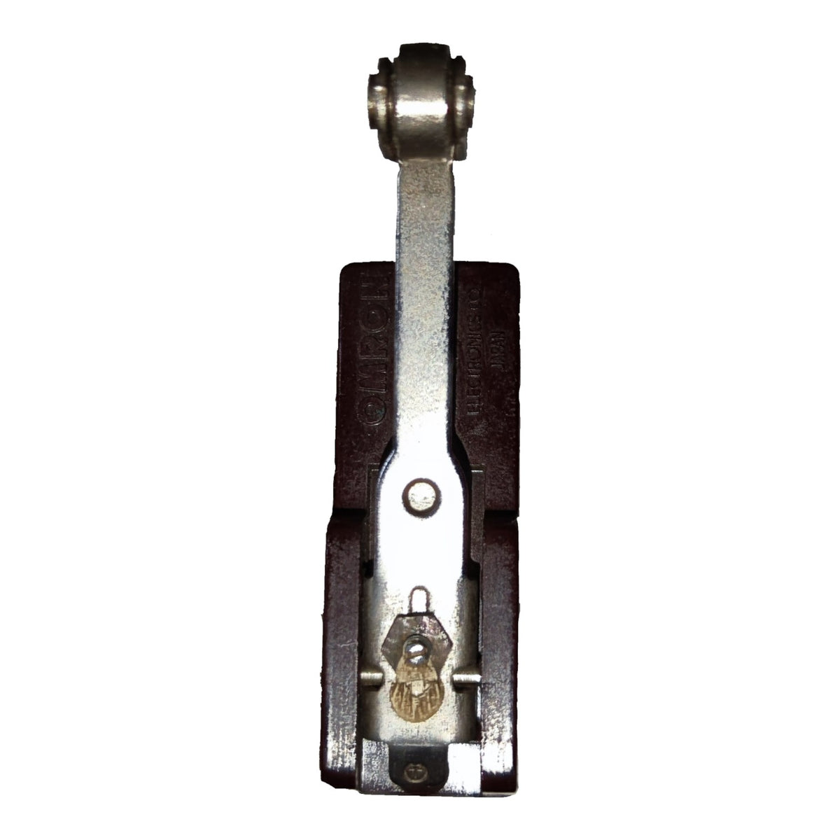 A vintage metal hand tool, likely a carriage block or guide, featuring a silver-toned steel shaft and collar with a dark brown wooden handle and brass lock pin, isolated on a white background.