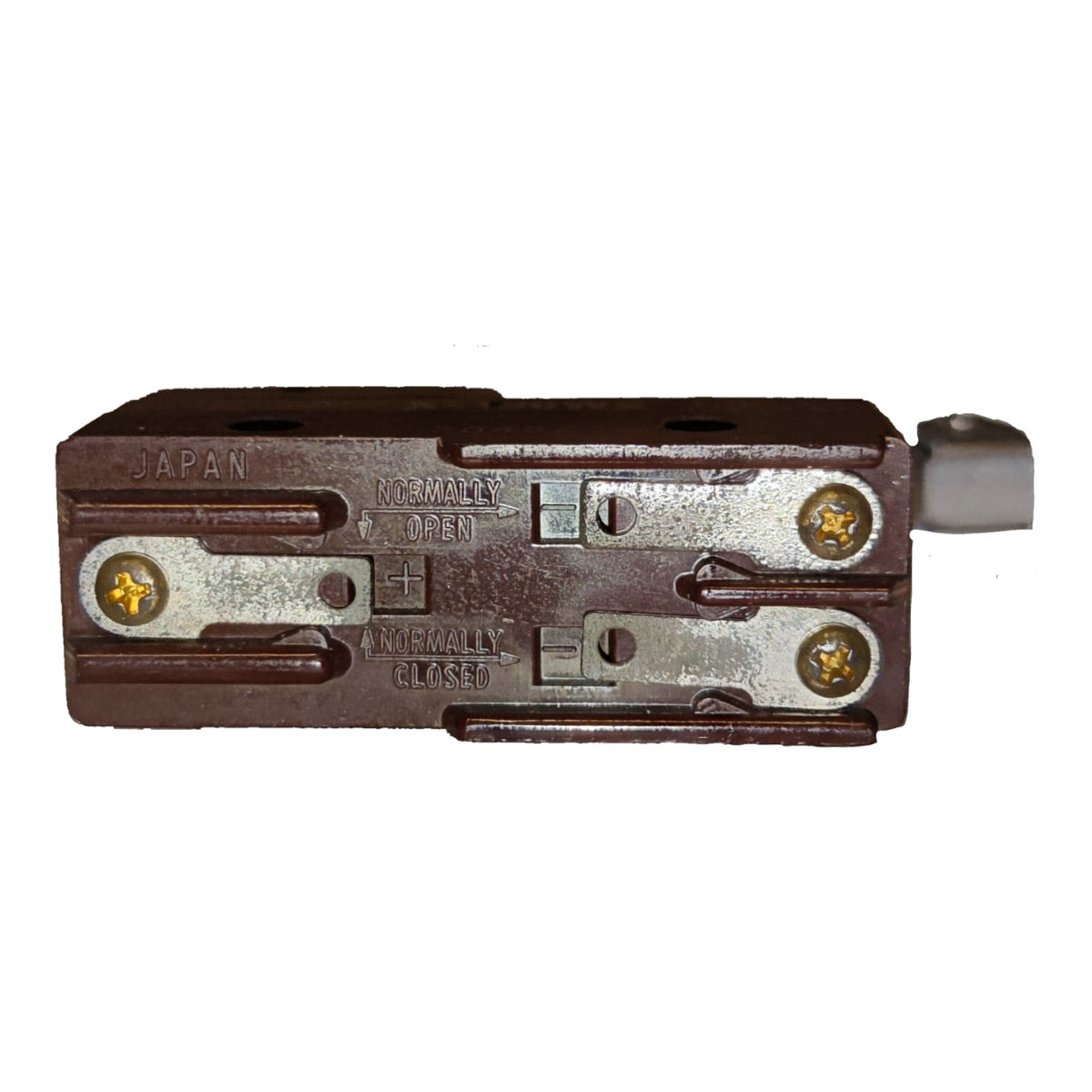 A small industrial electrical contactor or relay component with a dark brown metal body, silver metal terminals, gold-colored screws, and a gray terminal cap, shown on a plain white background.