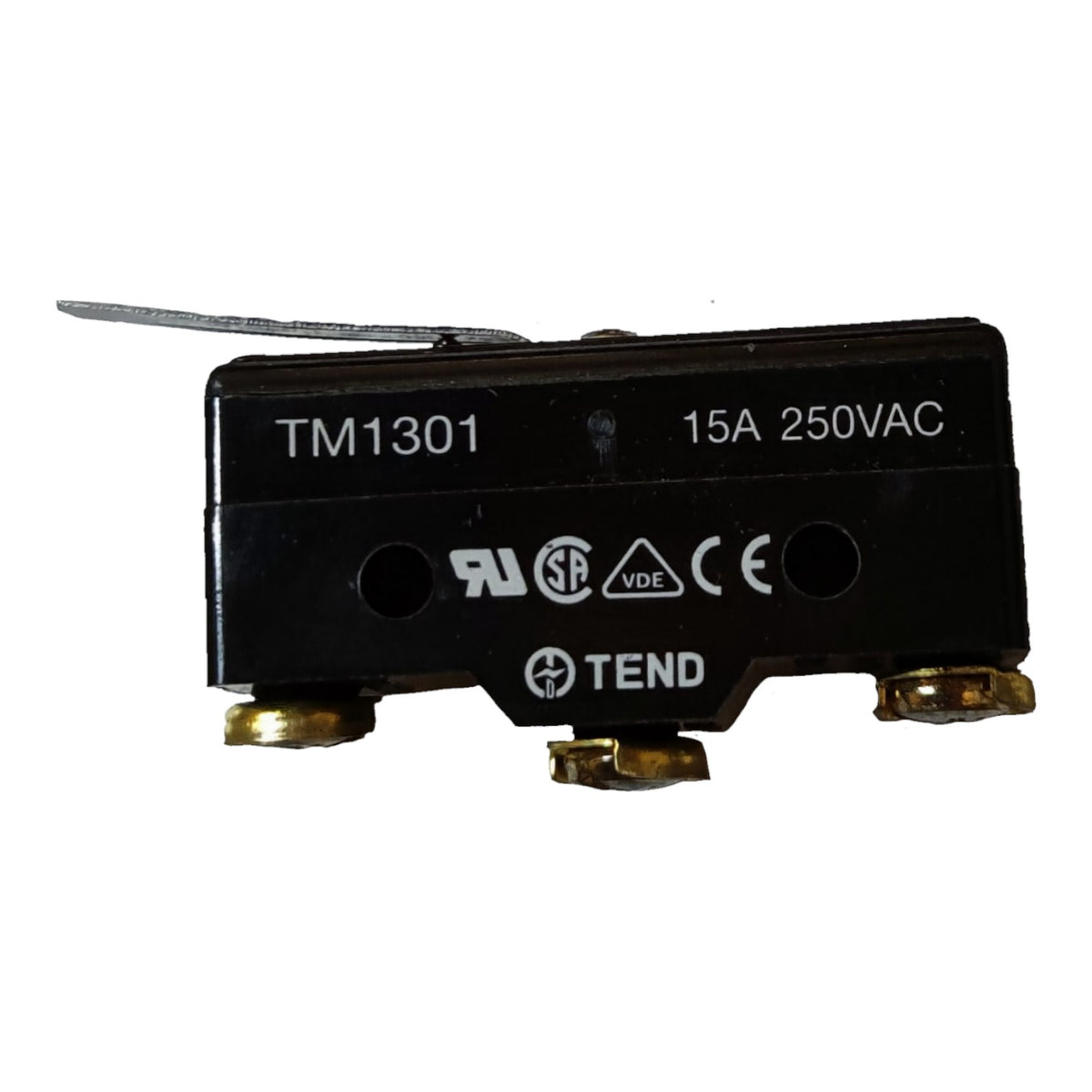 A black electrical thermal relay with gold screw terminals, featuring printed white text including 'TM1301', '15A 250VAC', and the brand 'TEND'.