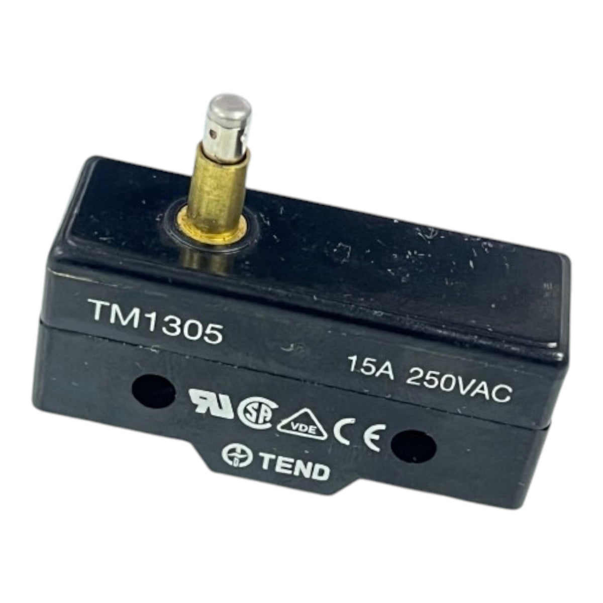 A black electrical contactor or relay component with a brass terminal post, labeled TM1305, 15A 250VAC, and featuring TEND branding.