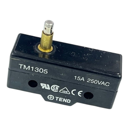 A black electrical contactor or relay component with a brass terminal post, labeled TM1305, 15A 250VAC, and featuring TEND branding.