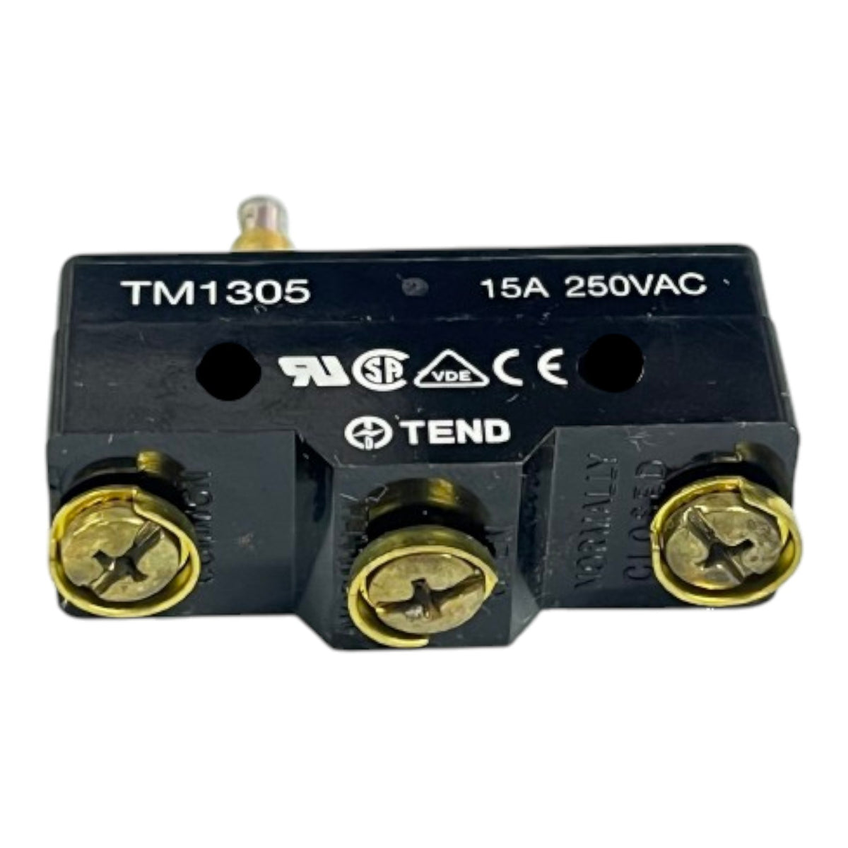 A black TEND TM1305 15A 250VAC electrical contactor or relay with three brass screw terminals and a small metal pin on top, shown on a white background.