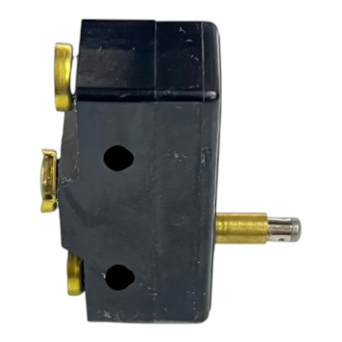 A small black plastic electrical switch component with gold-toned metal terminals and a brass-colored shaft, shown on a plain white background.