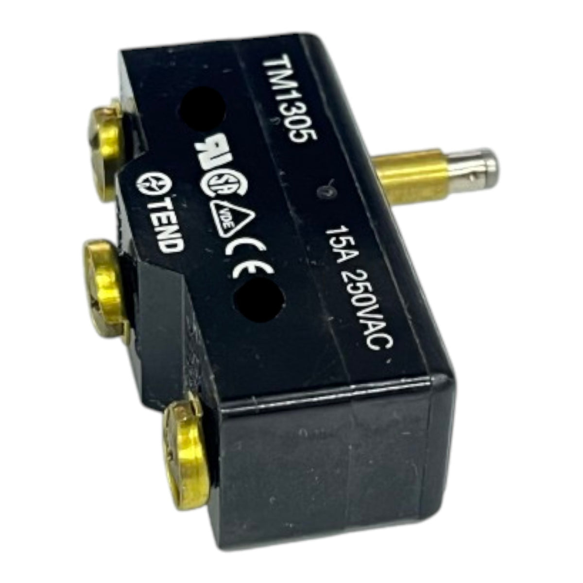 A black electrical contact switch with brass screw terminals and a silver metal contact pin, featuring printed specifications and certification logos on a white background.