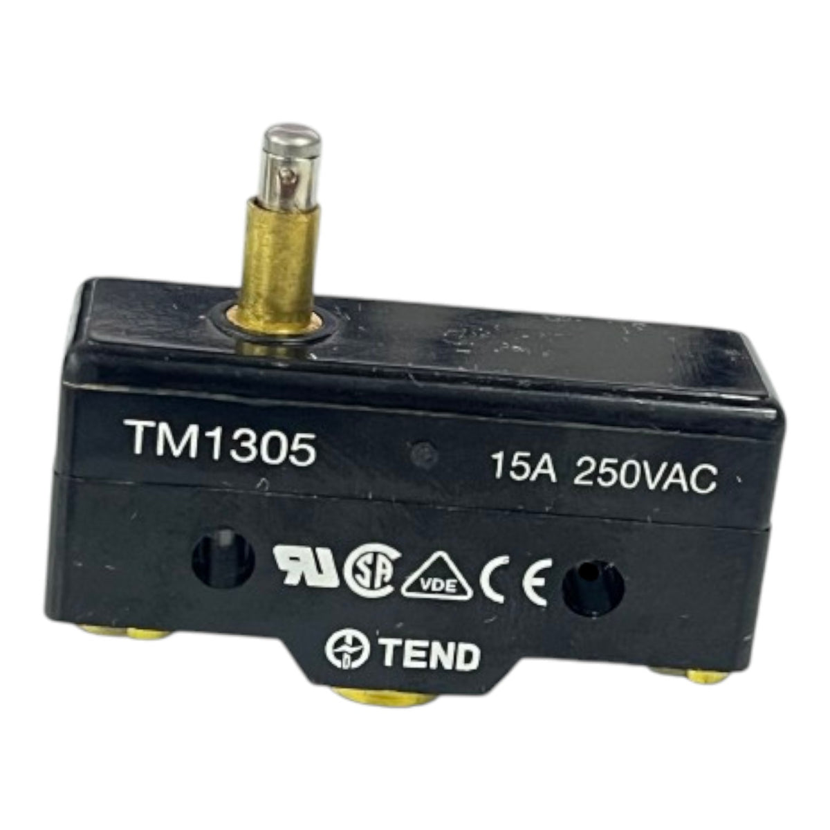 A black electrical contactor coil, model TM1305, with a brass terminal post, featuring printed specifications '15A 250VAC' and certification logos including VDE, CE, and UL, on a white background.