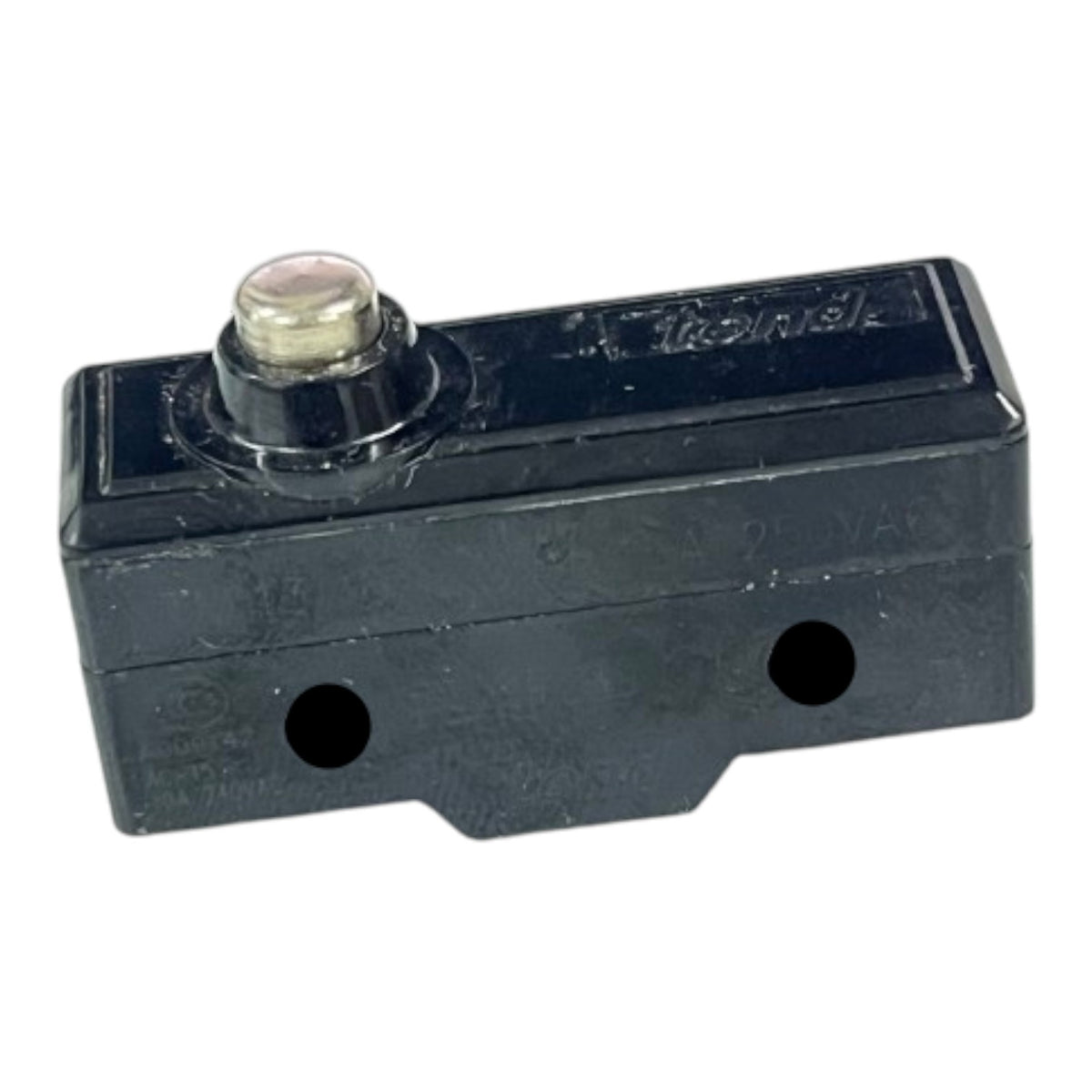 A black plastic mechanical component with a small metallic button on top, photographed on a plain white background.
