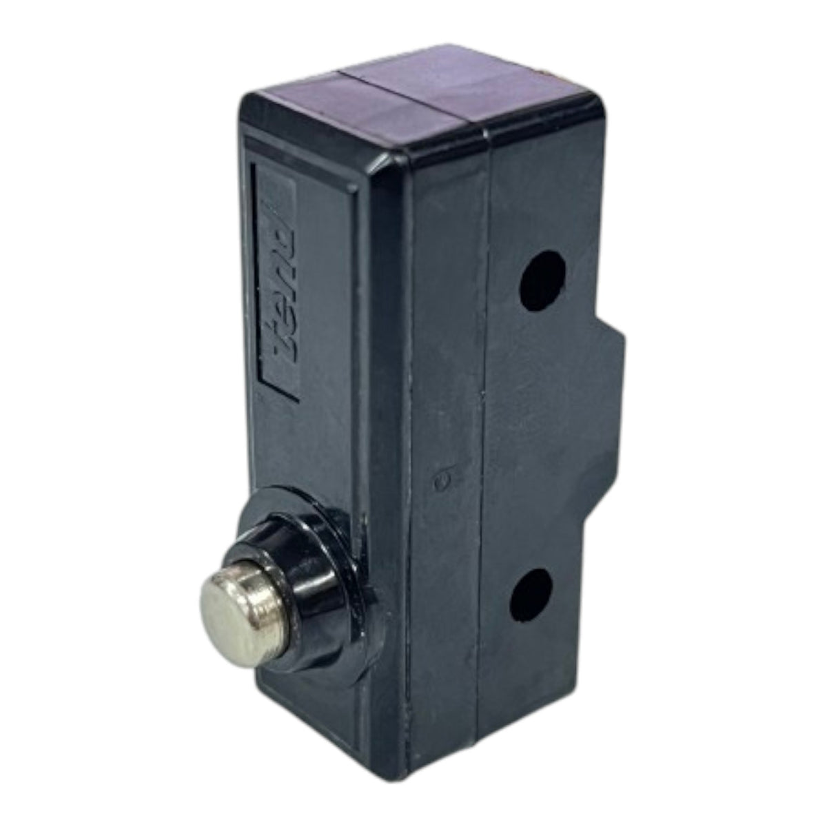 A black plastic magnetic limit switch with a silver metal button and a dark purple protective cap on top, shown on a white background.