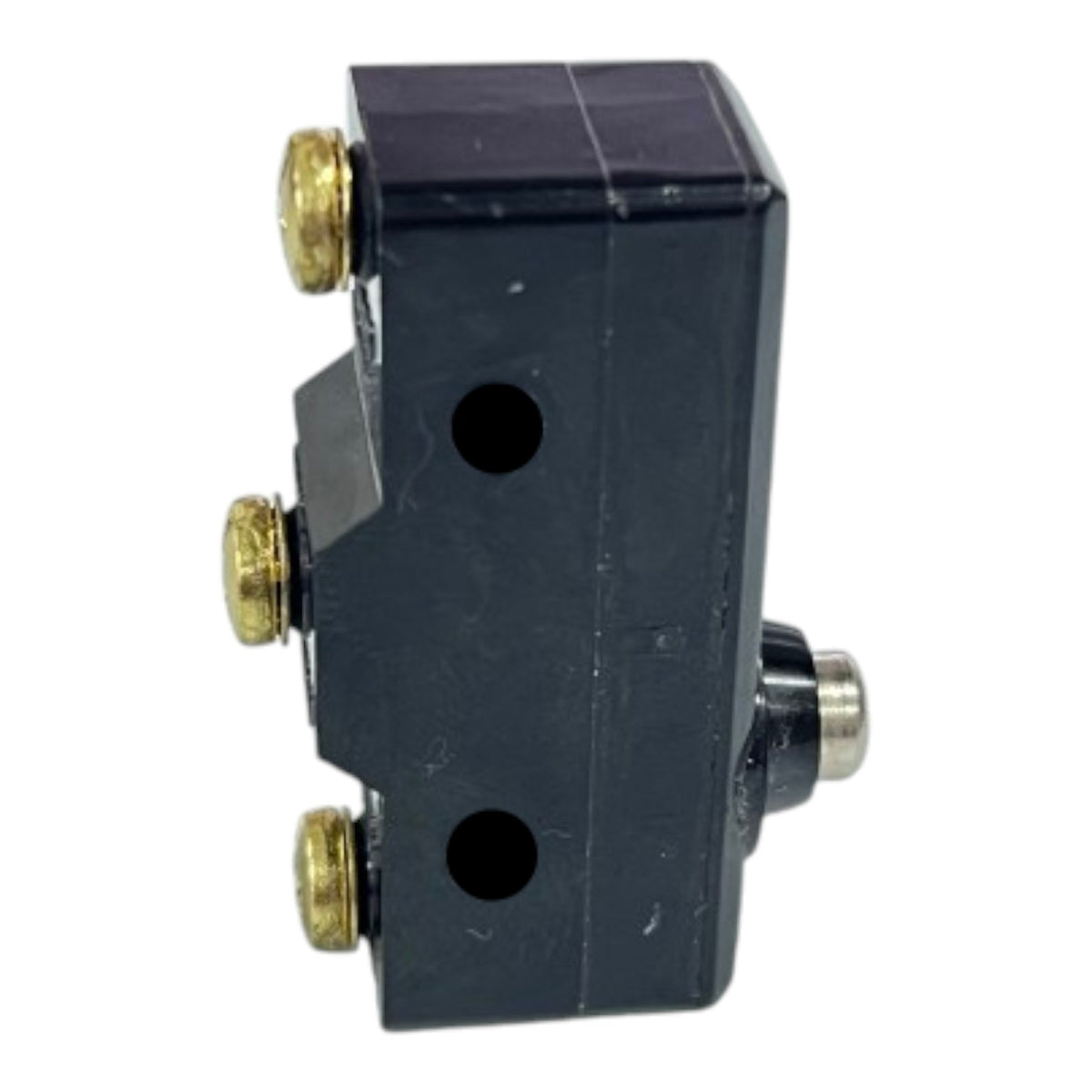 A small black electrical switch component with three brass screw terminals and a silver metal terminal on the side, shown against a plain white background.
