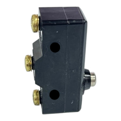A small black electrical switch component with three brass screw terminals and a silver metal terminal on the side, shown against a plain white background.