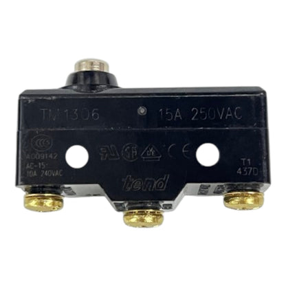 A black electrical contact relay with gold-colored metal screw terminals and a small gold terminal on top, featuring embossed specifications and the brand 'tend' on a white background.