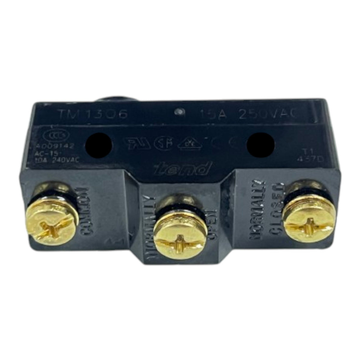 A black electrical contact block with three gold screw terminals and printed specifications on top, photographed on a plain white background.