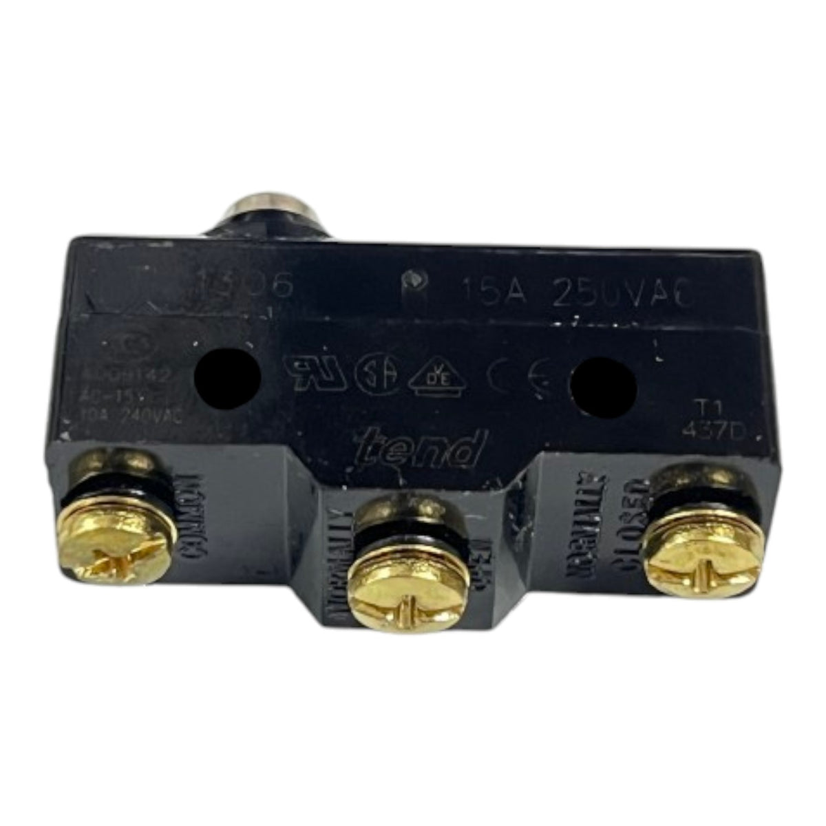 A black electrical contact switch with gold screw terminals and a silver metal contact pin, featuring 'tend' branding on the top surface, set against a plain white background.