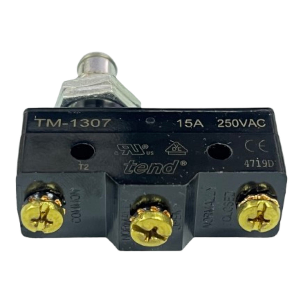 A black electrical contact switch with gold screw terminals and a silver metal probe, labeled TM-1307 and tend, on a white background.