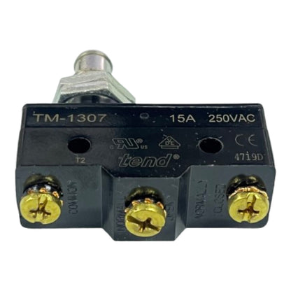 A black electrical contact switch with gold screw terminals and a silver metal probe, labeled TM-1307 and tend, on a white background.