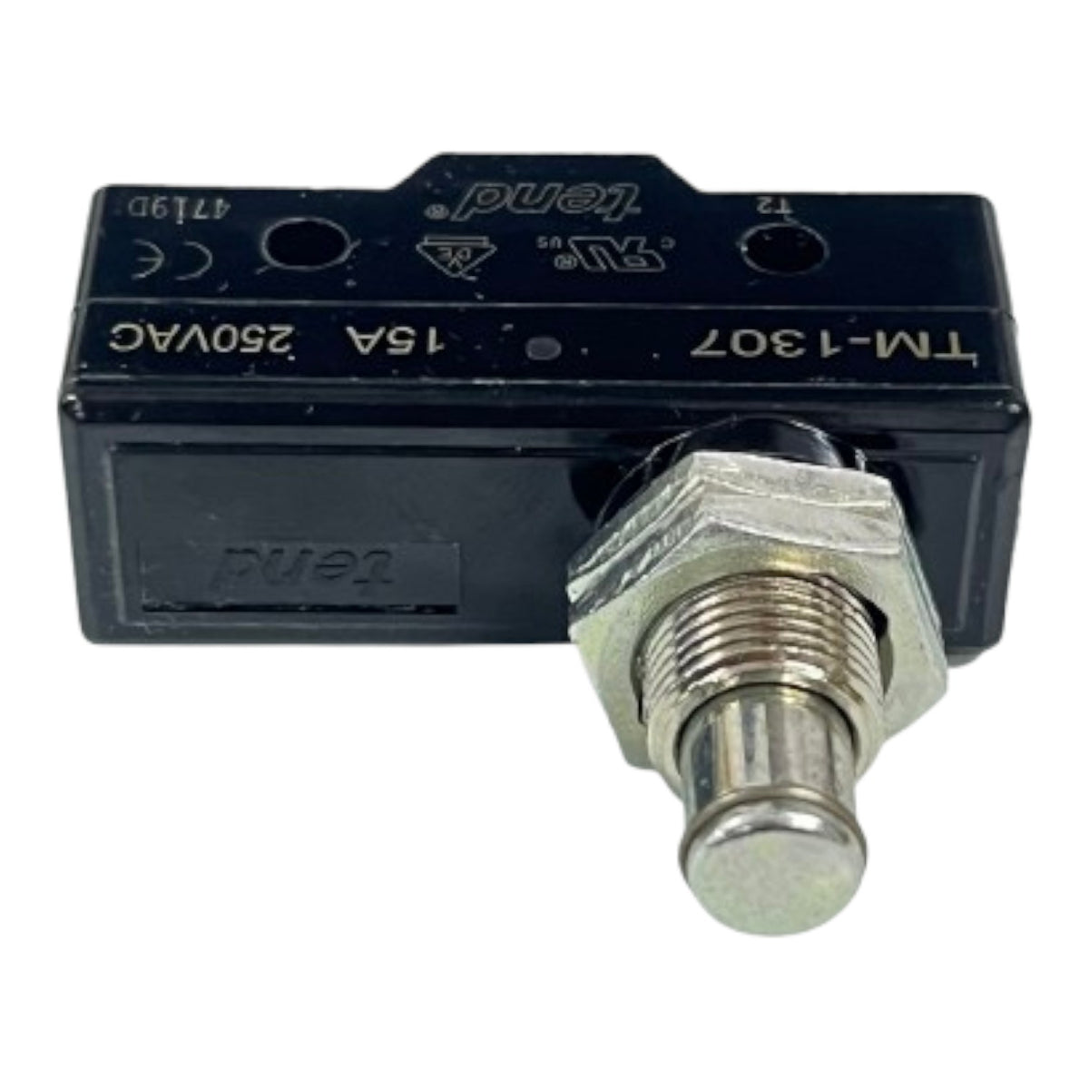 A black TEND TM-1307 electrical push-button switch with a silver metal hex nut and cylindrical actuator, shown on a plain white background.