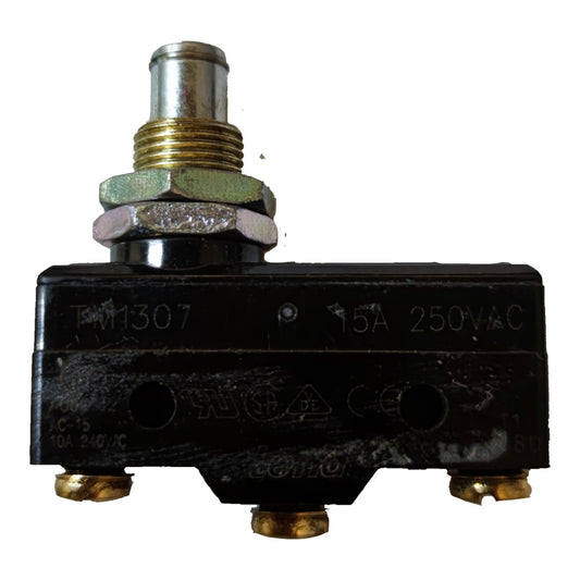 A black electrical contactor or relay component with brass and silver metal terminals, photographed on a plain white background.