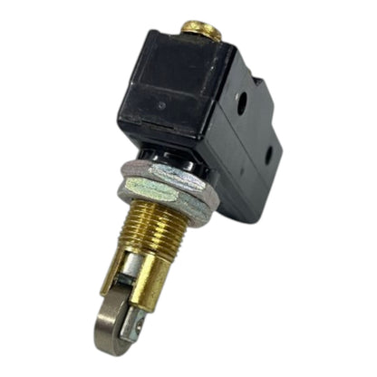A small black plastic and metal electrical component, likely a switch or sensor, with a threaded brass post and a silver metal tab, shown on a plain white background.