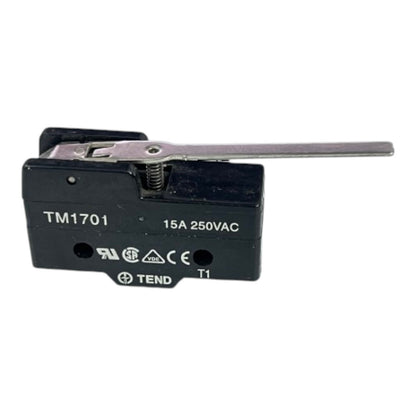 A black electrical contact relay with a silver metal lever arm, featuring printed specifications 'TM1701', '15A 250VAC', and the brand 'TEND' on its side, set against a plain white background.